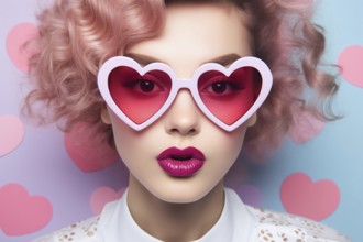 Woman with pink heart shaped sunglasses. KI generiert, generiert, AI generated