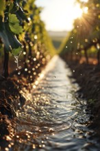 AI generated active vineyard irrigation system bathing under the blazing summer sunlight