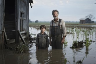 Distressed father and son farmers on their water flooded farmland, AI generated