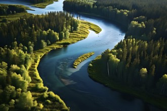 Aerial view of a meandering river winding through a nordic landscape, AI generated