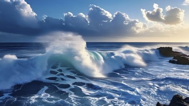 Blue ocean wave cresting with feral energy, AI generated