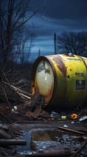 Representation of illegal nuclear waste barrel leaking radioactive material, AI generated