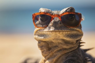 Funny lizard with sunglasses on beach. KI generiert, generiert, AI generated