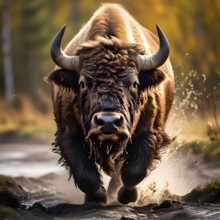 European bison charging massive strength, AI generated