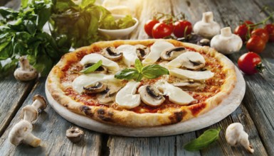 Food, a ready-made pizza with mushroom and mozzarella cheese, AI generated, AI generated