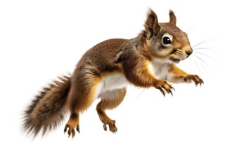 Agile european squirrel mid leap its bushy tail extended for balance, isolated on white background,