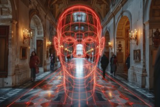 Neon-lit polygon head in a historic interior, symbol image for facial recognition, biometric data