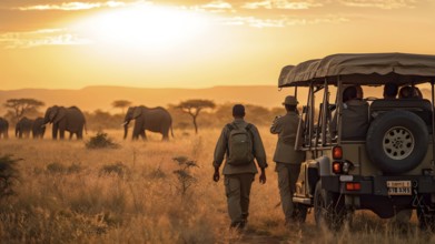 Jeep staged near majestic elephants grazing in the sweeping expanse of the african savanna, AI