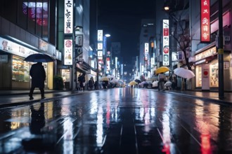 Tokyo streets at night with water puddles reflecting a neon glow and bustling crowd, AI generated