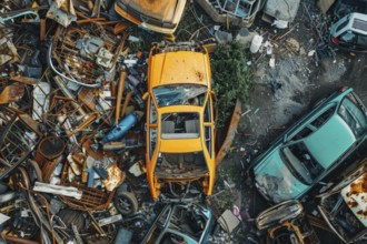 Aerial view, top down view of a scrap car, wreck, in a scrap yard, car graveyard, AI generated, AI