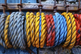 Coiled ropes in different colours, AI generated, AI generated, AI generated