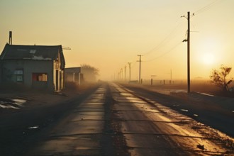 Desolate road guiding toward a forsaken military base encapsulated in twilight, AI generated