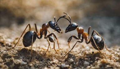 Animals, symbol, close-up of two fighting ants, AI-generated, AI generated