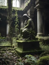 Statue in a deserted plaza moss and vines claiming it as their own, AI generated