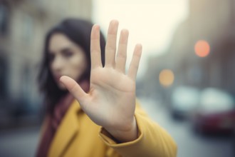 Woman raising hand in defensive gesture in street. Concept for sexual harassment. KI generiert,