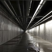 Underground corridor featuring drainage and metal pipelines designed for water and gas transport,