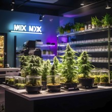 Cannabis dispensary interior with varieties of cannabis plants densely packed, AI generated