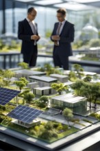 Business professionals engaged with a scale model of a solar park adjacent to miniature houses, AI