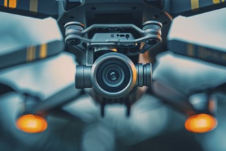 Close up of video and photo camera lens of flying drone. Generative Ai, AI generated