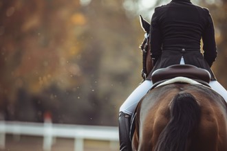 Person riding horse in dressage sports competition. Generative AI, AI generated