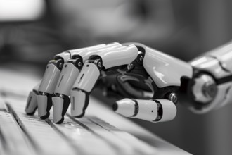 Close up of white artificial intelligence android robot hand writing text on compurter keyboard.