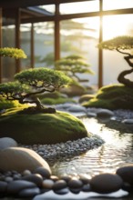 Zen garden bathed in the soft glow of dawn as a serene symbol for relaxation, AI generated