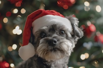 Cute small dog with red santa hat in front of blurry christmas tree Generative Ai, AI generated