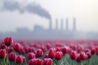 Field with tulip flowers and factory with grey fumes in background. Generative Ai, AI generated