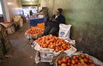 Vendor selling tomatoes at a market, ahead of the presentation of the Interim Budget 2024 by Union