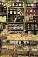 Shop display local food and drink specialities, Trujillo, Caceres province, Extremadura, Spain,