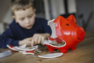 Symbolic photo on the subject of saving. A boy smashes his savings slip and counts the money it