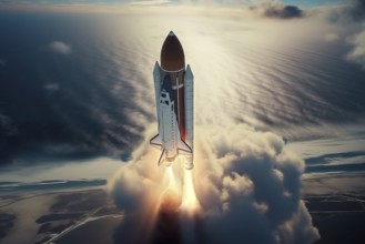 Aerial view of a rocket shuttle carrier launch at sunrise over an ocean coast. The rocket is