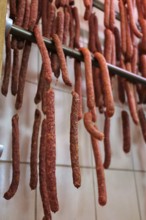 Air-dried sausage in a butcher's shop