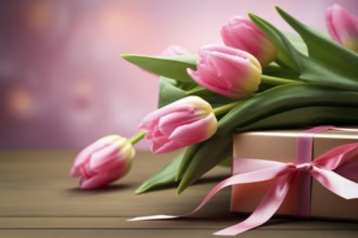 Gift Box with Pink Ribbon Beside bouquet of Fresh Tulips on Bokeh Background. Good for Valentine