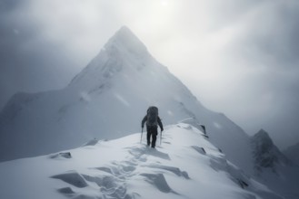 A mountaineer in mountains approaching a majestic snowy mountain peak amidst a snowfall and snow