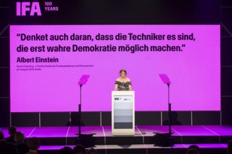 Sara Warneke, Managing Director of gfu Consumer & Home Electronics GmbH speaks at the opening gala