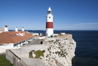 Red and white striped lighthouse at Europa Point, Gibraltar, British terroritory in southern Spain,