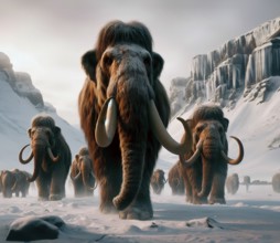 Prehistory, prehistory, a herd of mammoths (Mammuthus) in the prehistoric cold steppe tundra,