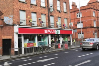 Spar convenience supermarket shop street corner, Rathmines Road, city centre of Dublin, Ireland,