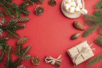 Christmas or New Year frame composition. Decorations, box, cinnamon, cones, fir and spruce