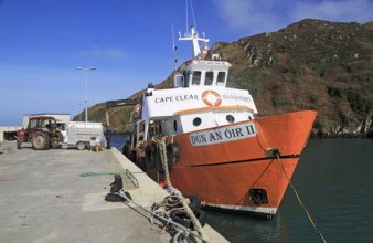 Ferry boat at quayside, North harbour, Cape Clear Island, County Cork, Ireland, Irish Republic,