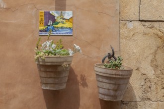 Typical tile and flower decoration, Valldemossa, Majorca, Balearic Islands, Spain, Europe