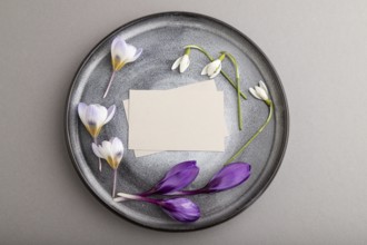 Gray paper invitation card, mockup with crocus and galanthus flowers on ceramic plate and gray