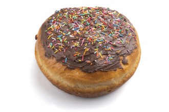 Homemade glazed and decorated chocolate easter pie isolated on a white background. Side view, close