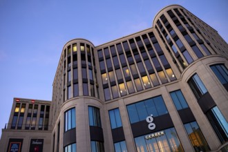 Exterior shot of Das Gerber shopping centre, logo, Rothaus, Aldi Süd, blue hour, Stuttgart,