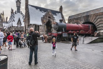 Hogwarts Express train at the Hogsmeade station in The Wizarding World of Harry Potter at Universal