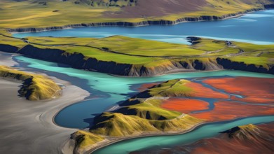 Aerial view perpendicular top down of an abstract colorful river along the coastline, AI generated