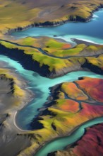 Aerial view perpendicular top down of an abstract colorful river along the coastline, AI generated