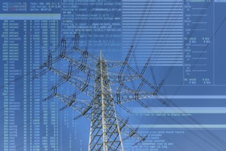 Symbolic image of critical infrastructure, blackout risk, cyberterrorism, high-voltage pylons of