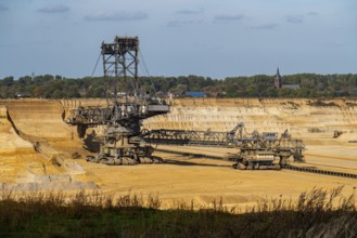 Opencast lignite mine Garzweiler II, bucket wheel excavator during excavation, at the edge of the